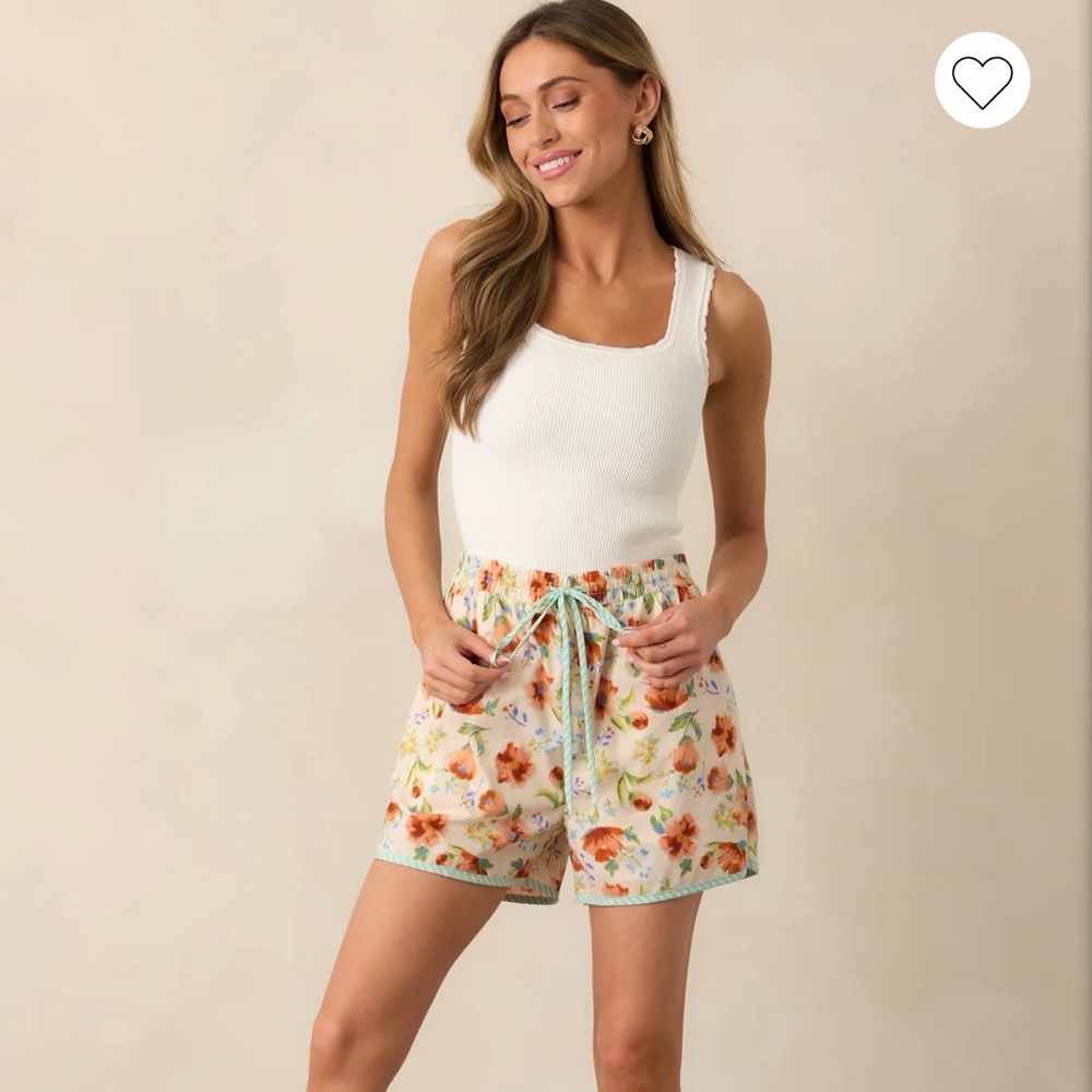 ✨SOLD✨ Easy To Love Ecru Floral Cotton Drawstring Shorts